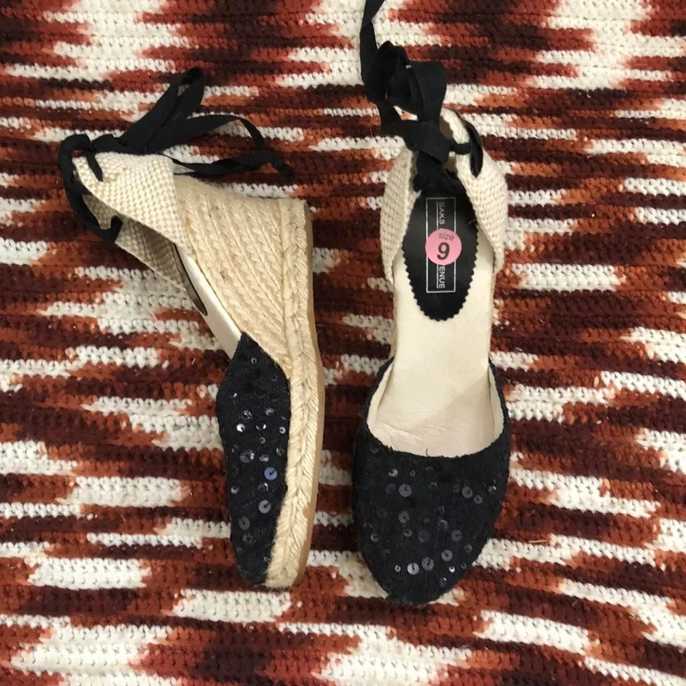 Saks Black Fabric Sequin Ankle Lace Up Tie Wedge Heels Espadrilles Sandals Pumps
